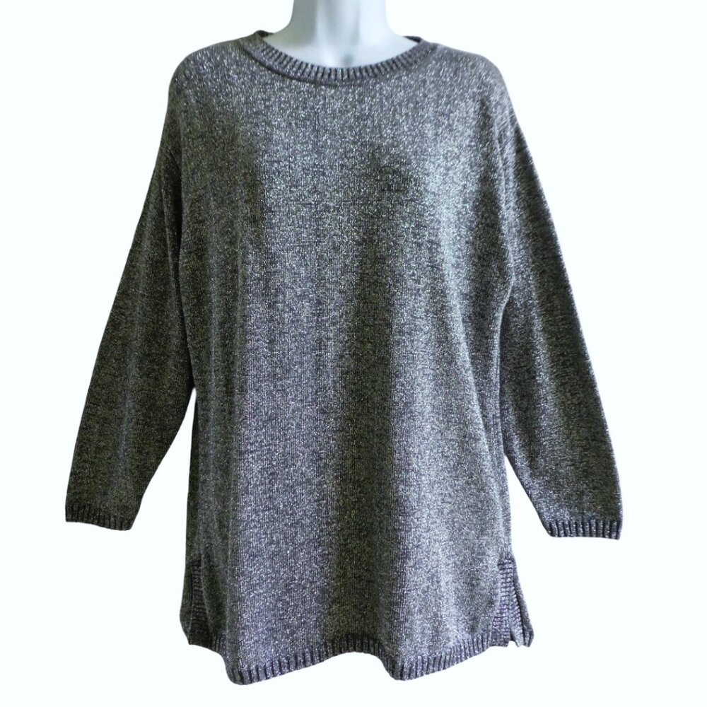 LuReX Silver MeTalliC I. Magnin  WooL Sweater Ribbed Crewneck Lame Side Vents L